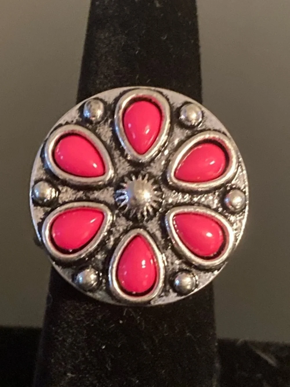 Silver-Tone Floral Ring with Pink Resin Petals